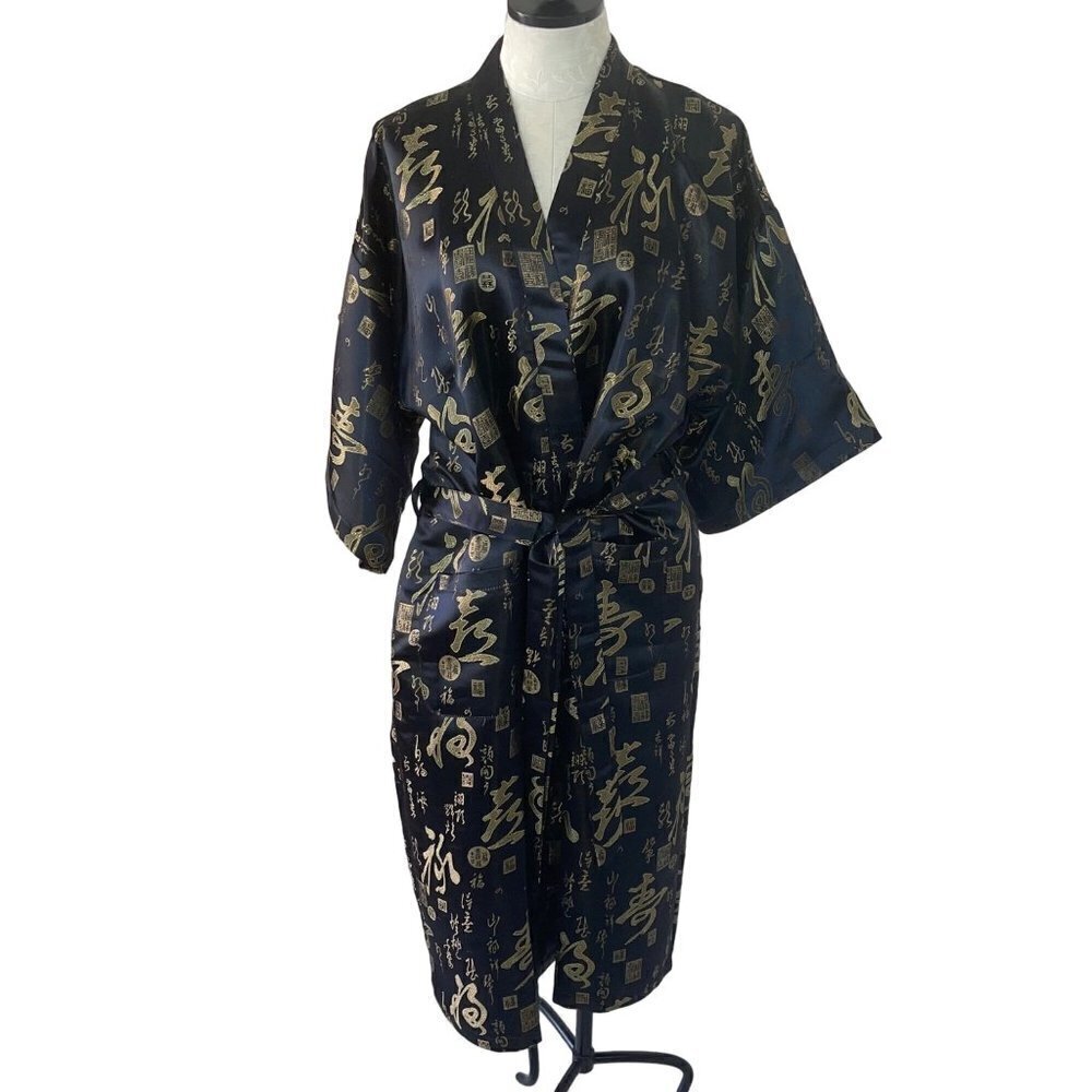 Sheng Tangkuyi Vintage Womens Kimono Robe Size XL Black Gold Satin Belted